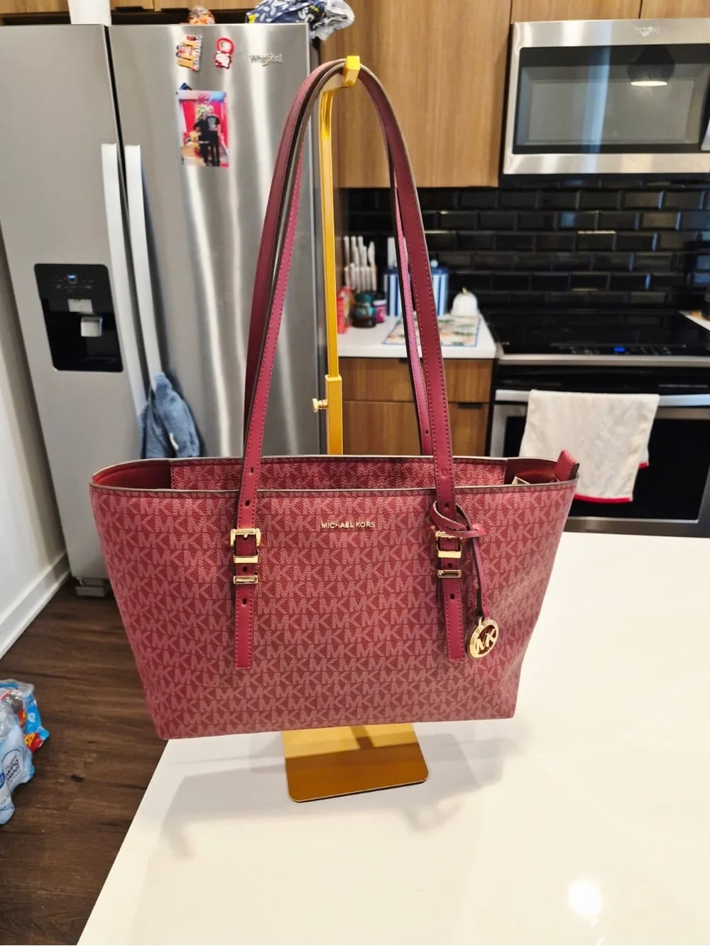 Michael Kors Pink/Red Signature MK Tote with Gold Hardware